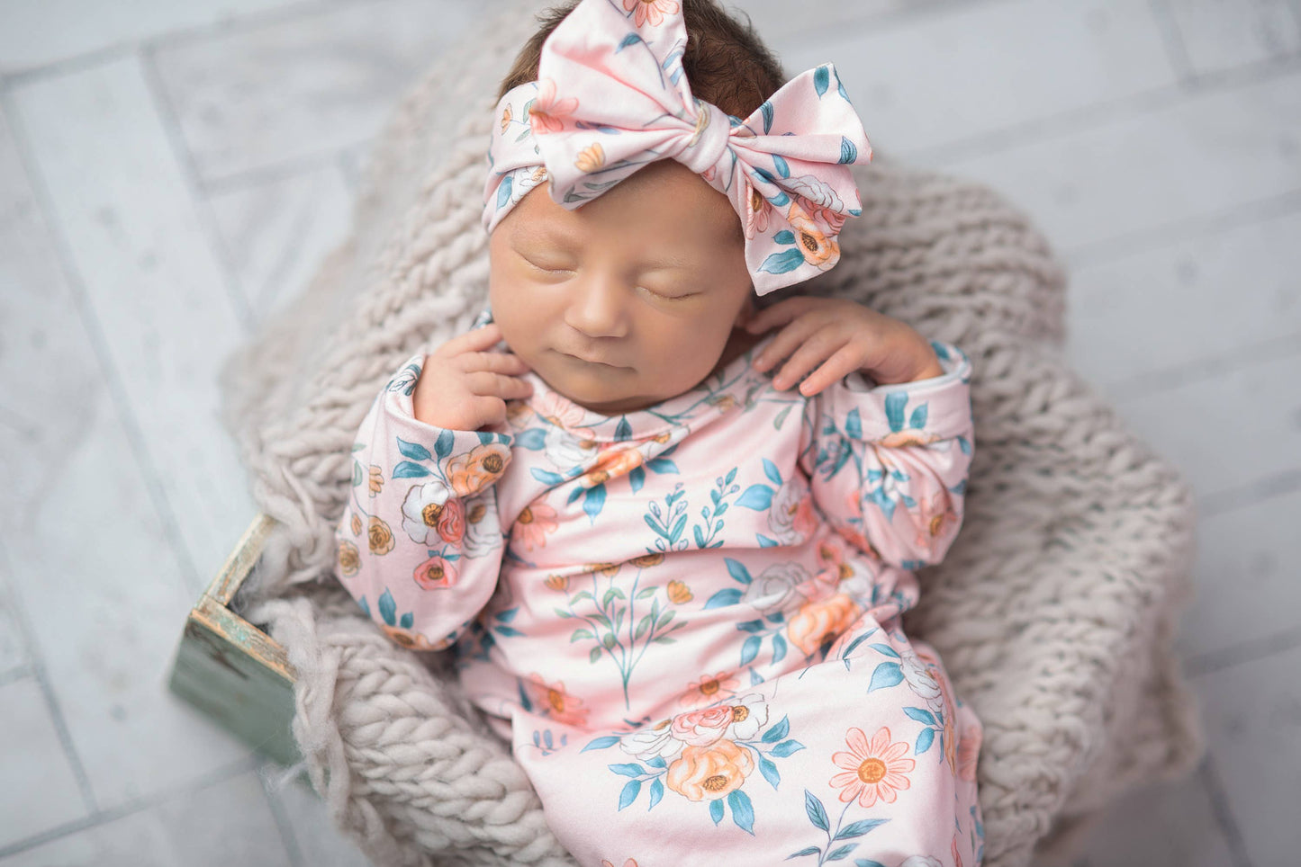 Infant Girls Pink Botanical Baby Gown and Bow Headband