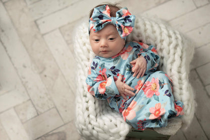 Infant Girls Coral Flower & Blue Baby Gown and Bow Headband