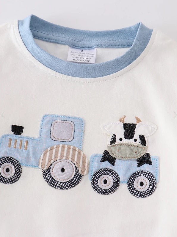 Blue Cow & Tractor Set