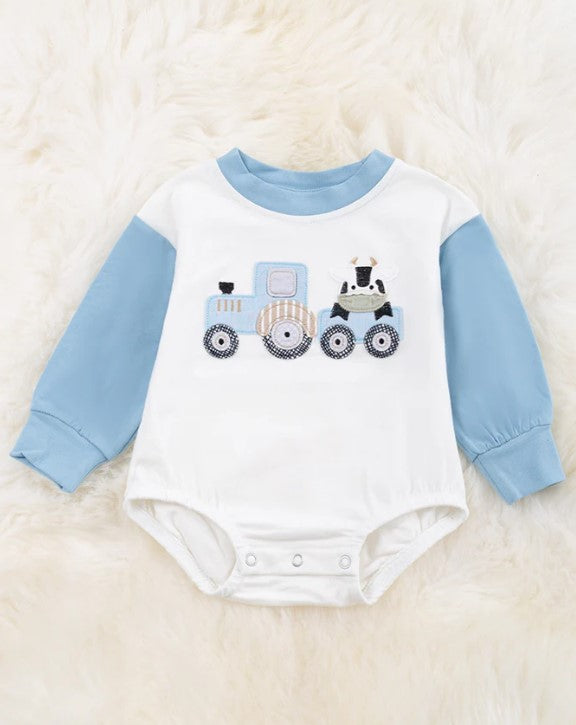 Cow Riding a Tractor Applique Baby Onesie