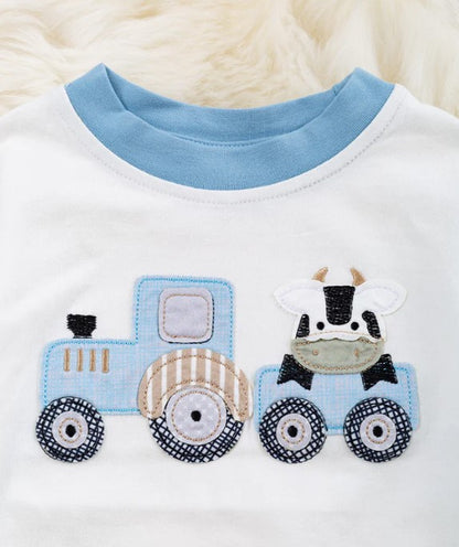 Cow Riding a Tractor Applique Baby Onesie