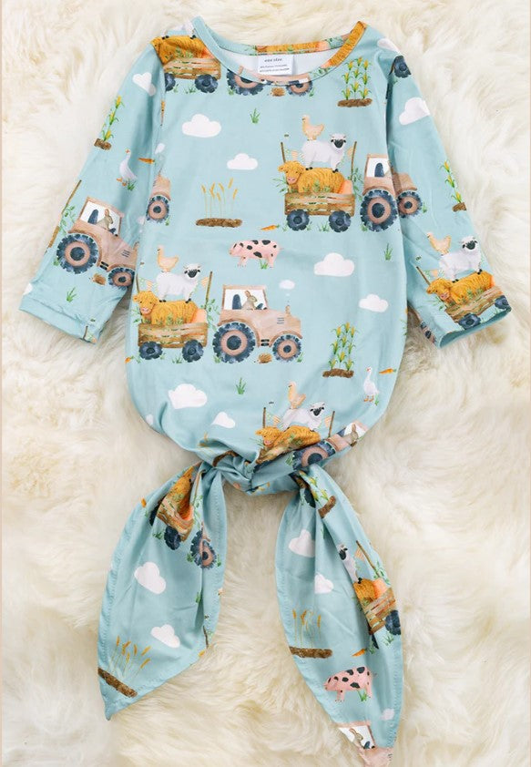 FARM RIDE ON A TRACTOR" MULTI PRINTED INFANT GOWN