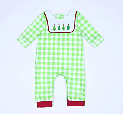 Green plaid christmas tree embroidered boy romper