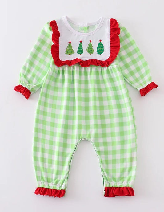 Green plaid christmas tree embroidery girl romper