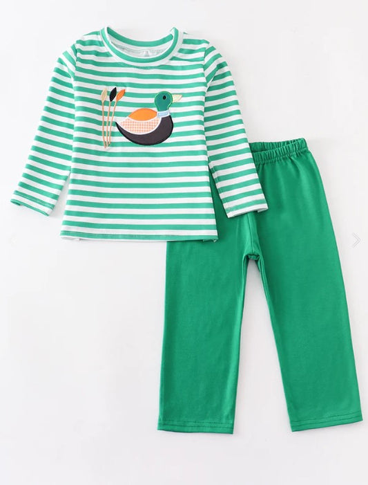 Green stripe duck applique boy set