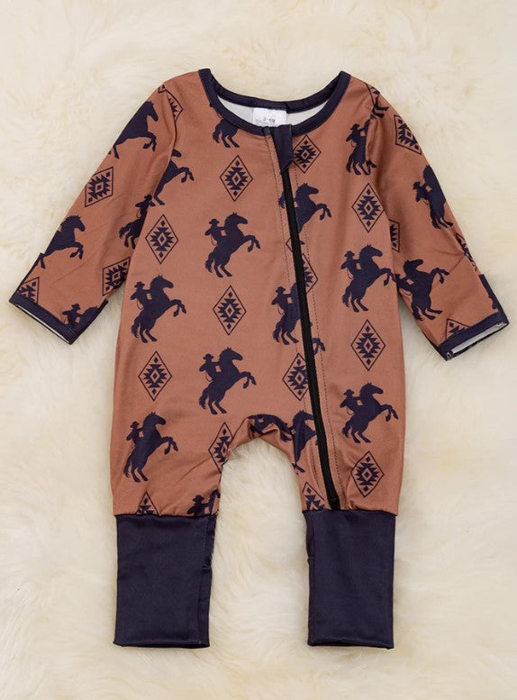 Horse Rider/ Diamond Print Brown Romper