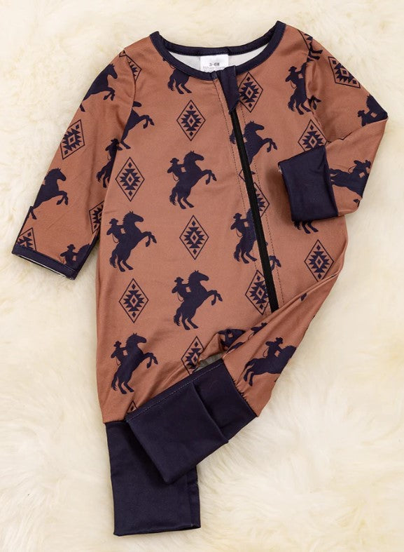 Horse Rider/ Diamond Print Brown Romper