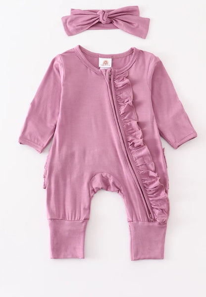 Lavender bamboo ruffle zipper 2pc baby romper