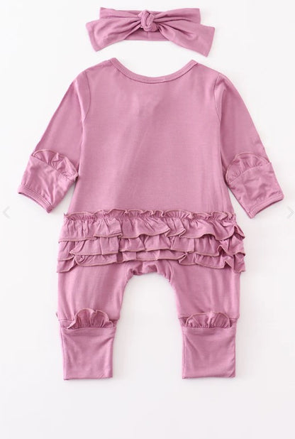 Lavender bamboo ruffle zipper 2pc baby romper