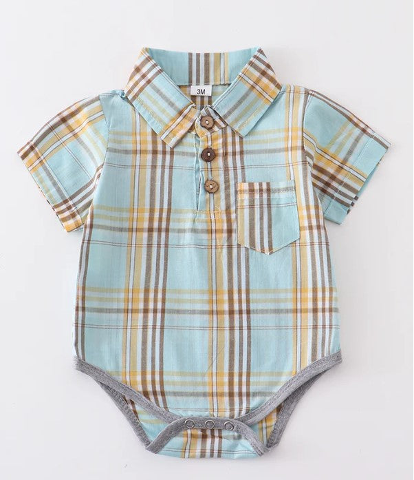 Mint plaid button down baby romper