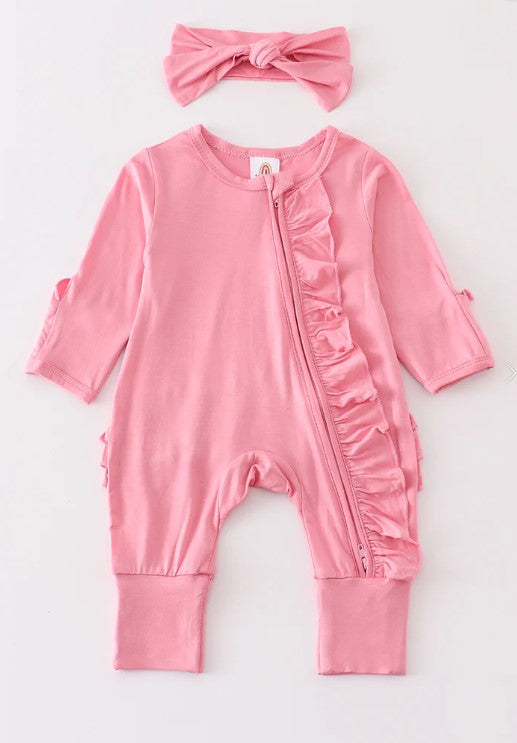 Pink bamboo ruffle zipper 2pc baby romper