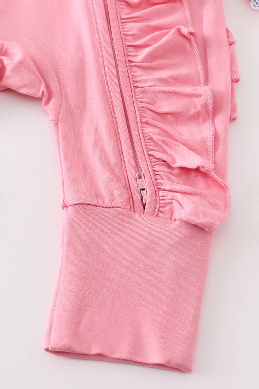 Pink bamboo ruffle zipper 2pc baby romper