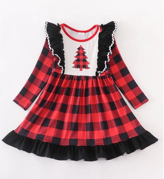 Red plaid christmas tree ruffle dress