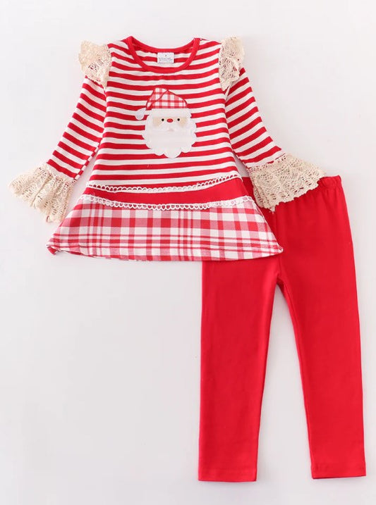 Red Santa applique stripe ruffle girl set