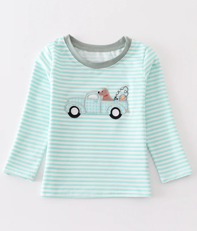 Truck and dog applique stripe boy top