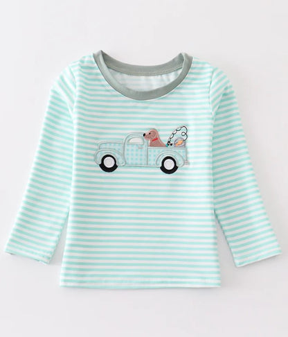 Truck and dog applique stripe boy top