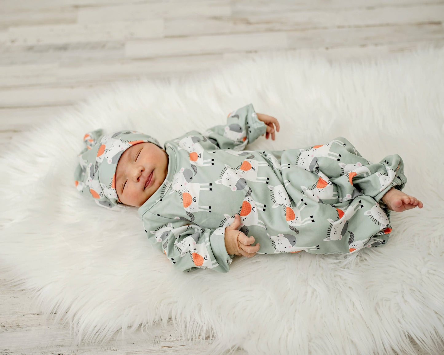 Infant Unisex Horse Baby Gown and Hat Set