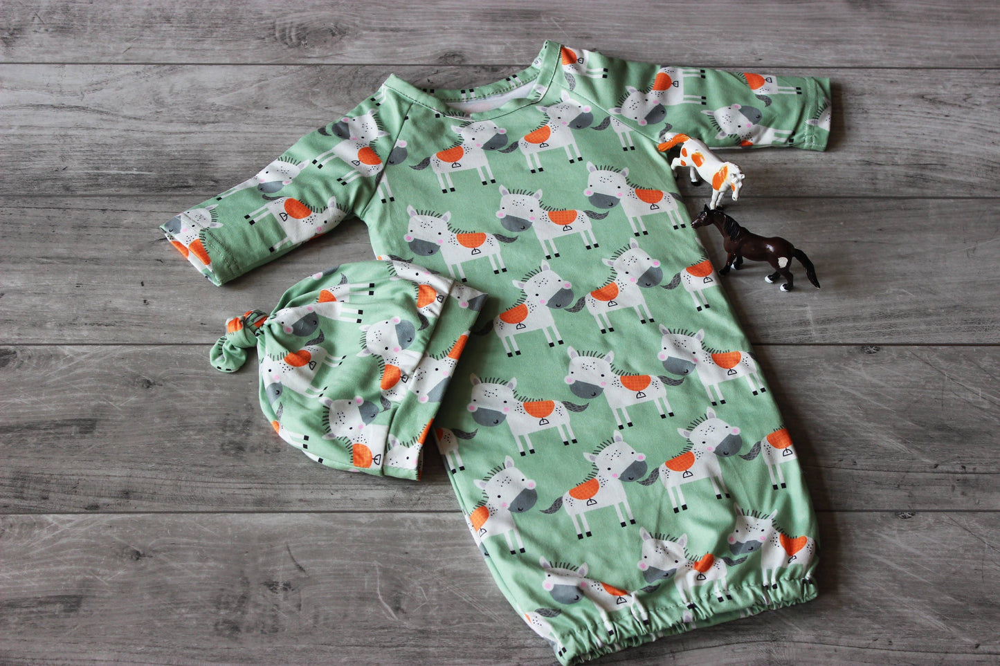 Infant Unisex Horse Baby Gown and Hat Set