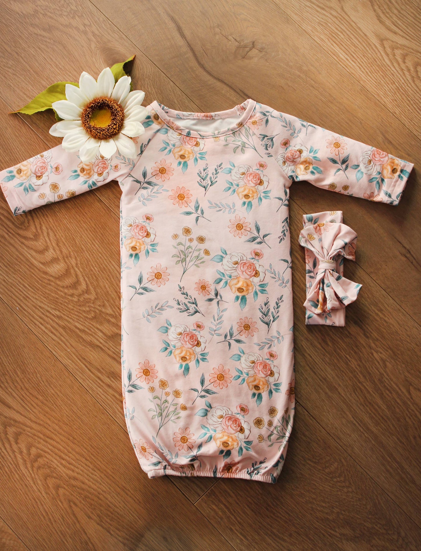 Infant Girls Pink Botanical Baby Gown and Bow Headband