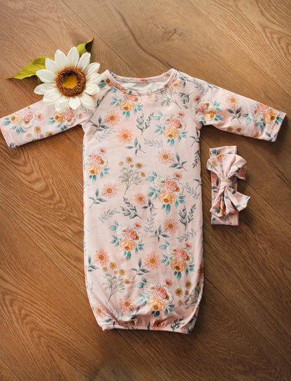 Infant Girls Pink Botanical Baby Gown and Bow Headband