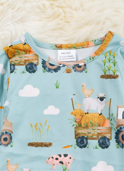 FARM RIDE ON A TRACTOR" MULTI PRINTED INFANT GOWN