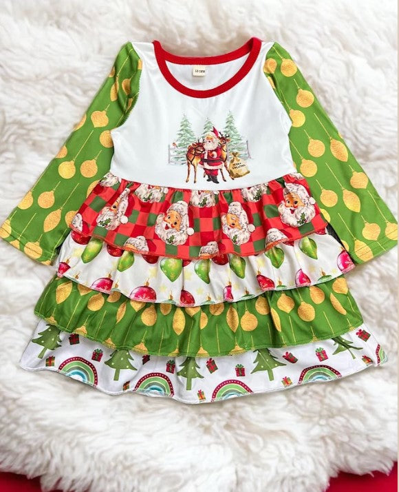 Santa Printed Dress w/ 4 layer ruffle